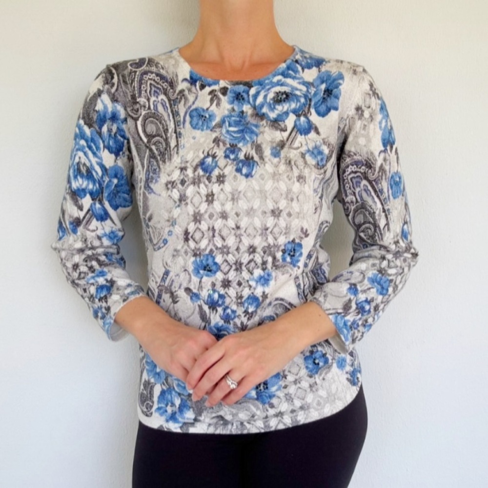 Alfred Dunner blue metallic silver sparkle cotton blend sweater size medium